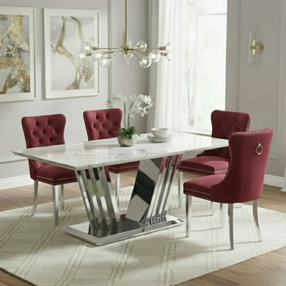 Sumdeal 5/7-piece dining and chair set features a 70-inch modern faux marble dining table with 4/6 velvet-upholstered chairs, available in gold/silver and five solid colors.