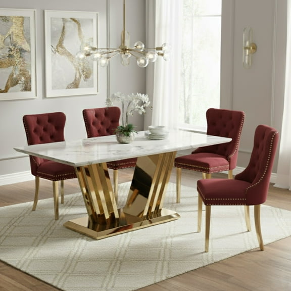 Sumdeal 5/7-piece dining and chair set features a 70-inch modern faux marble dining table with 4/6 velvet-upholstered chairs, available in gold/silver and five solid colors.