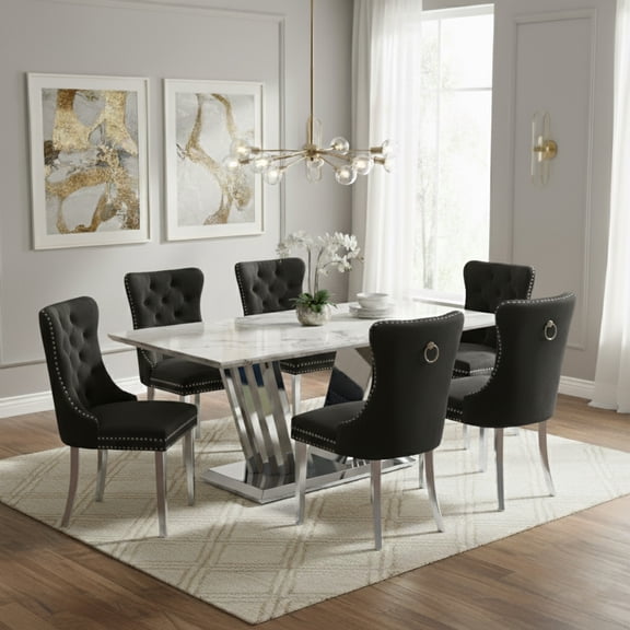Sumdeal 5/7-piece dining and chair set features a 70-inch modern faux marble dining table with 4/6 velvet-upholstered chairs, available in gold/silver and five solid colors.