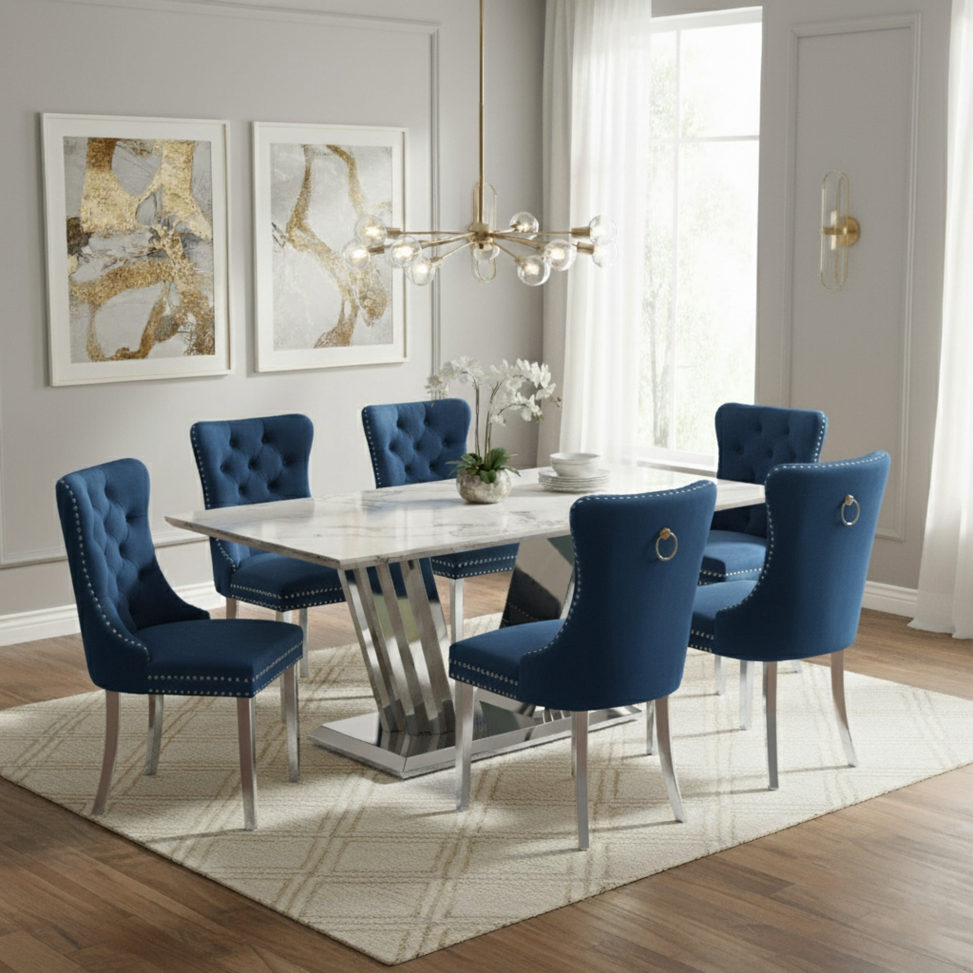 Sumdeal 7-Piece Dining Set, 70 in White Faux Marble Dining Table with 6 ...