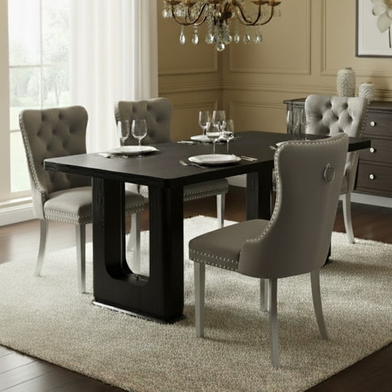 Sumdeal 5-Piece Dining Set, 64.5 in Black Dining Table with 4 Gray Velvet Chairs