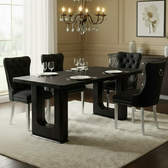 Sumdeal 5/7-piece dining and chair set includes a 64.5-inch black modern dining table and 4/6 velvet upholstered chairs, suitable for dining rooms, kitchens, and meeting rooms.