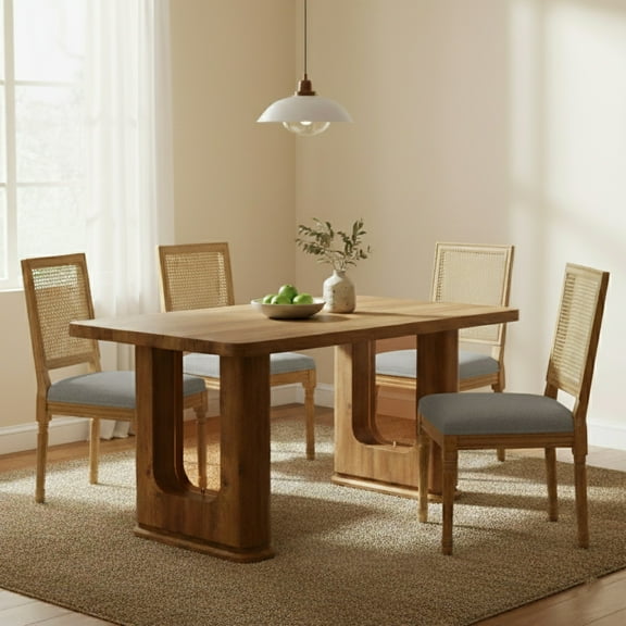 Sumdeal,5/7-piece,64.5-inch dining and chair set, featuring a modern wood-grain dining table and beige/grey upholstered farmhouse-style,French country dining chairs(Seats 4/6).