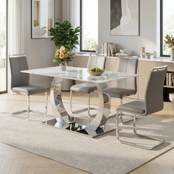 Sumdeal 5-Pc Modern Dining Set: 63" Pandora White Glass Table, Silver Stainless Steel Base & 4 Light Gray PU High-Back Chairs with Silver Legs.