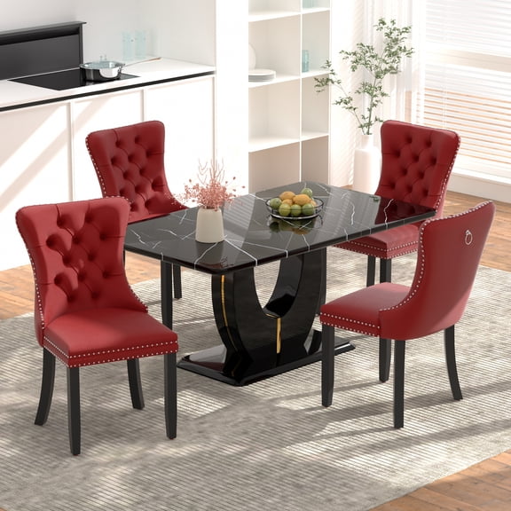 Sumdeal 5-Piece Dining Set, 63 in Black Faux Marble Dining Table with 4 Red Velvet Chairs