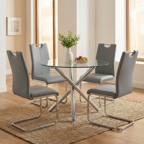 Sumdeal 5-Piece Dining Table and Chair Set, Modern Dining Set, Tempered Glass Tabletop, PU Upholstered Chairs, Metal Legs, Space-Saving, Suitable for Living Rooms, Kitchens, and Dining Rooms