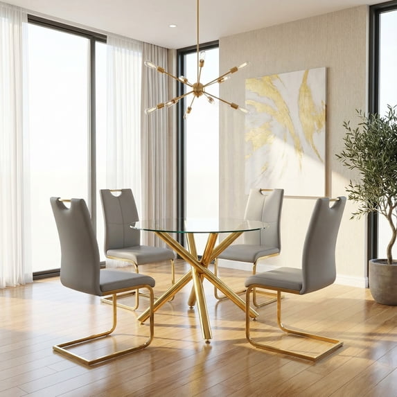 Sumdeal 5-Piece Dining Table and Chair Set, Modern Dining Set, Tempered Glass Tabletop, PU Upholstered Chairs, Metal Legs, Space-Saving, Suitable for Living Rooms, Kitchens, and Dining Rooms