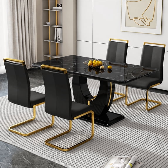 Sumdeal 5 Piece Dining Table Set, 63" Faux Marble Dining Room Table with 4 PU Leather Upholstered Chairs, Luxury Black Marble Kitchen Dining Table Set for Home Office Kitchen Dining Room Furniture