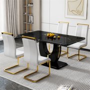 Sumdeal 5 Piece Dining Table Set, 63" Faux Marble Dining Room Table with 4 PU Leather Upholstered Chairs, Luxury Black Marble Kitchen Dining Table Set for Home 