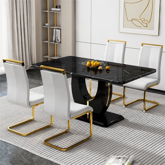 Sumdeal 5 Piece Dining Table Set, 63" Faux Marble Dining Room Table with 4 PU Leather Upholstered Chairs, Luxury Black Marble Kitchen Dining Table Set for Home Office Kitchen Dining Room Furniture