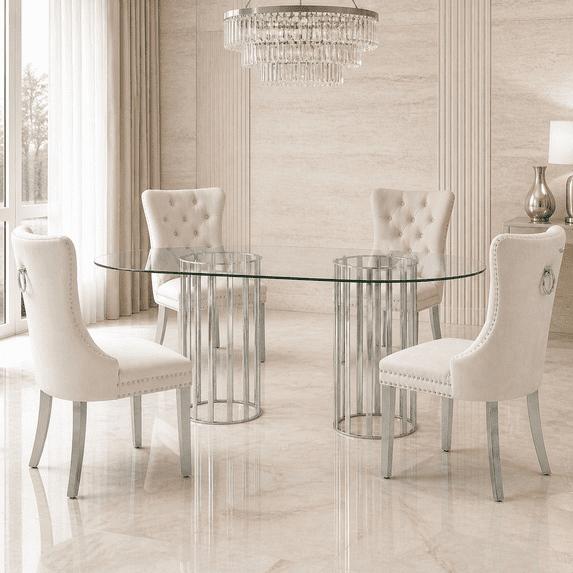 Sumdeal 5-Piece Luxury Dining Set, 71-Inch Oval Tempered Glass Table with 4 Beige Velvet Tufted High-Back Chairs, Silver Legs