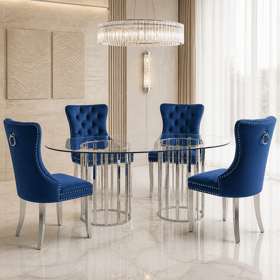 Sumdeal 5-Piece Luxury Dining Set, 71-Inch Oval Tempered Glass Table with 4 Blue Velvet Tufted High-Back Chairs, Silver Legs