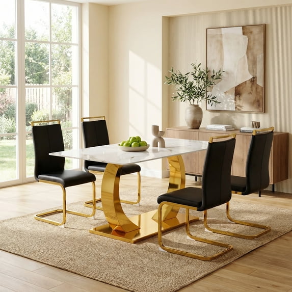 Sumdeal 5-Piece Modern Luxury Dining Set, 63" Rectangular Pandora White Tempered Glass Table with Gold Base, 4 Black PU Leather Chairs, Gold Legs