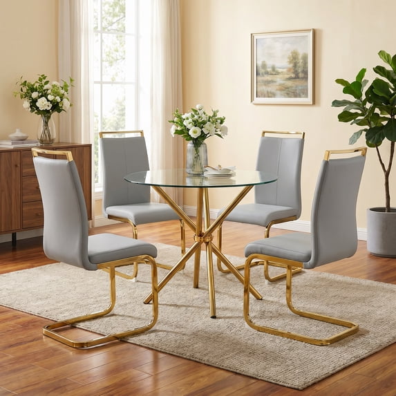 Sumdeal 5-Piece Round Glass Dining Set, 36.6 in Table, 4 PU High-Back Chairs, Light Gray