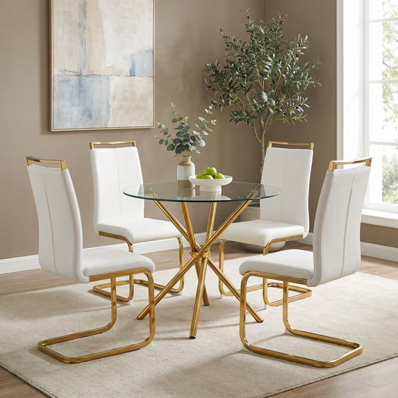 Sumdeal 5-Piece Round Glass Dining Set, 36.6 in Table, 4 PU High-Back Chairs, White