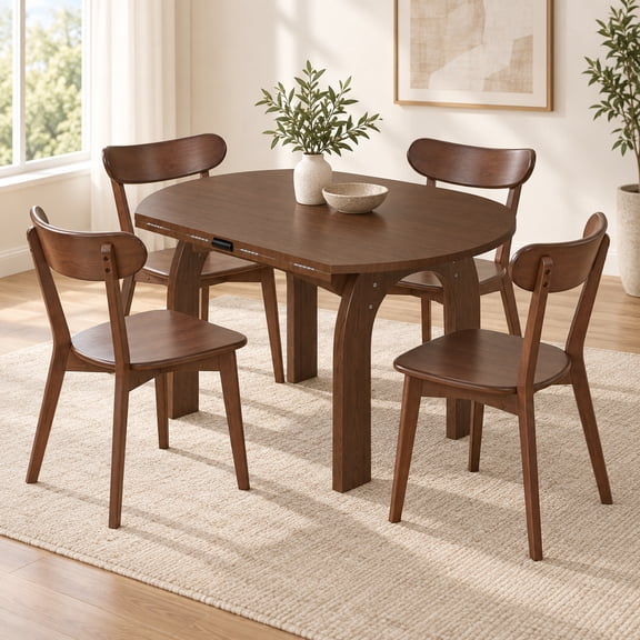 Sumdeal 5-Piece Scandinavian Mid-Century Modern Farmhouse Dining Set, Solid Wood Oval-to-Round Extendable Drop-Leaf Table with 4 Chairs, Walnut
