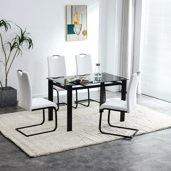 Sumdeal 52'' Modern Rectangle Black Glass Dining Table Sets for 4, Black Glass Table and 4 C-Shape PU leather Dining Chairs(1 Table with 4 White Chairs)