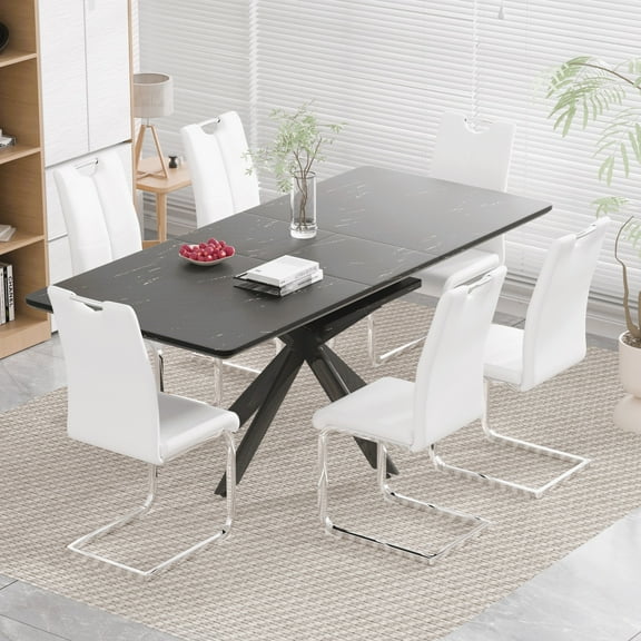 Sumdeal 62"-78" Modern Mid-Century Dining Table Set with 6 Chairs - Expandable & Stylish for Home, Dining Room, Kitchen