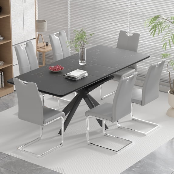 Sumdeal 62"-78" Modern Mid-Century Dining Table Set with 6 Chairs - Expandable & Stylish for Home, Dining Room, Kitchen