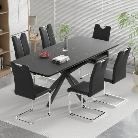 Sumdeal 62"-78" Modern Mid-Century Dining Table Set with 6 Chairs - Expandable & Stylish for Home, Dining Room, Kitchen