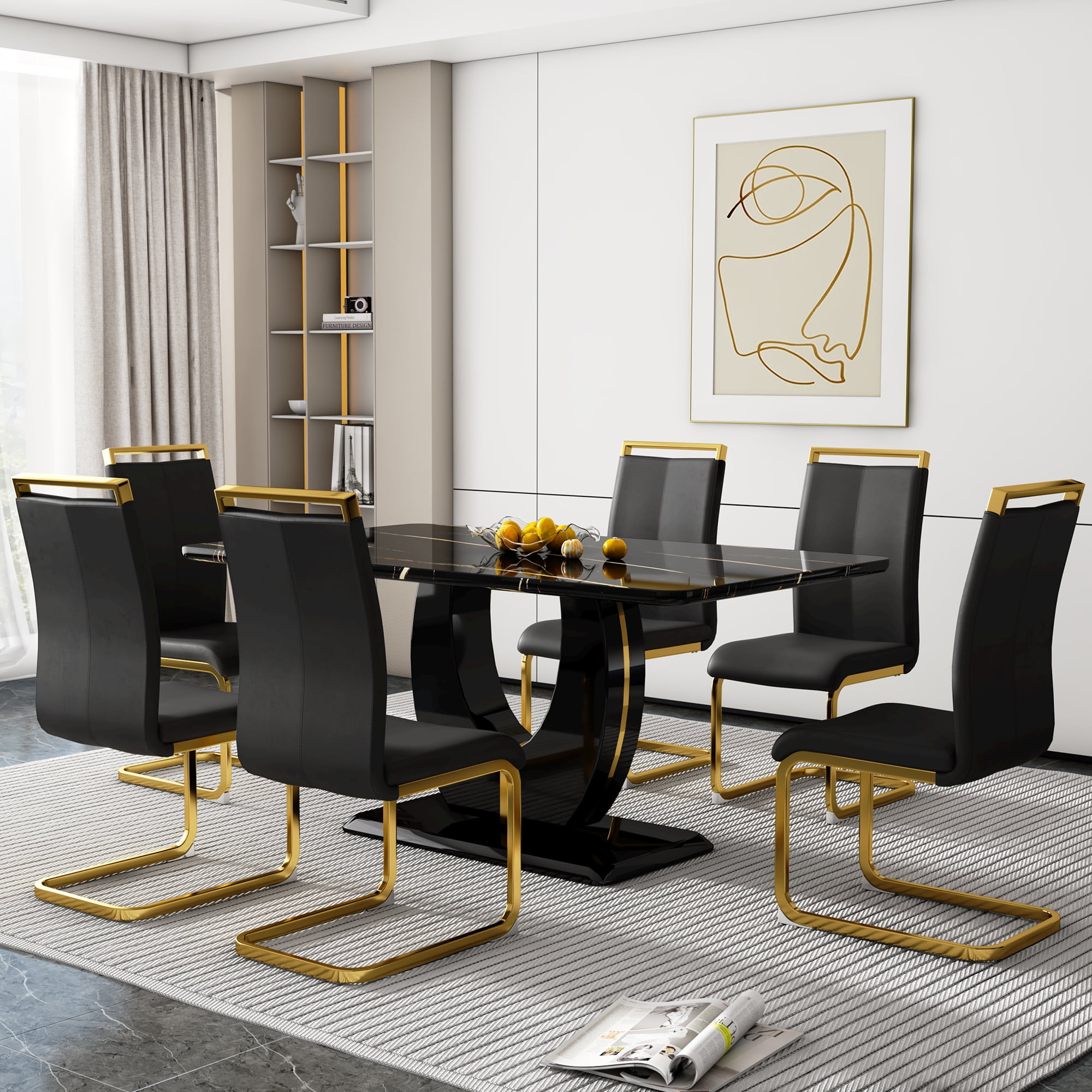 "Sumdeal 63"" Rectangular Faux Marble Dining Set for 6, Black Table ...