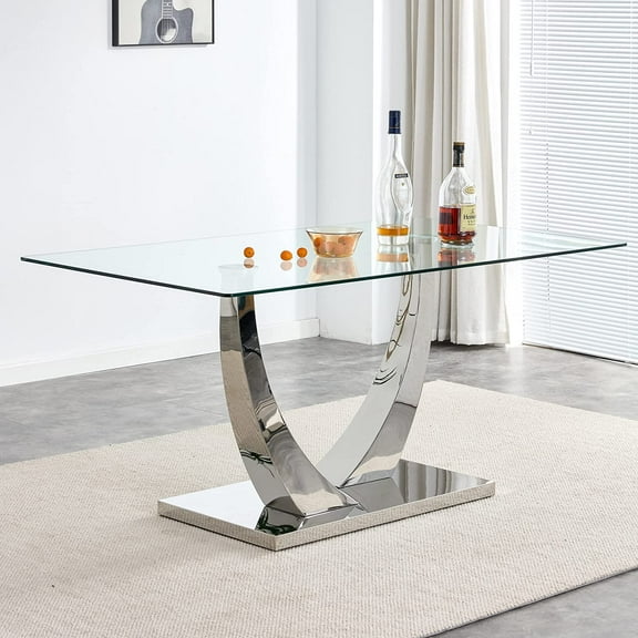 Sumdeal 63" Glass Dining Table for 4-6 people,Modern Dining Room Table for 4, Kitchen Table for 6, Dinner Table with Rectangle Tempered Glass Top and Chrome Silver Base