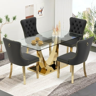 Sumdeal 63" Glass Dining Table Set for 4,Gold Dining Room Table Set for 4,Modern Kitchen Table and High-end Tufted Solid Wood Contemporary Velvet Upholstered Dining Chair for 4,Black with Gold Leg
