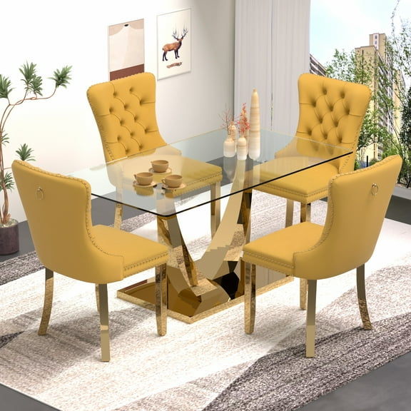 Sumdeal 5-Piece Dining Set, 63 in Glass Dining Table with 4 Yellow Velvet Chairs, Gold Legs, Style 1