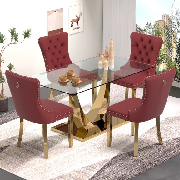 Sumdeal 5-Piece Dining Set, 63 in Glass Dining Table with 4 Red Velvet Chairs, Gold Legs, Style 1