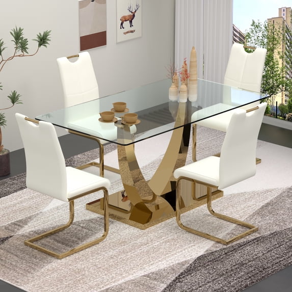 Sumdeal 63" Glass Dining Table Set for 4,Gold Dining Room Table Set for 4,Modern Kitchen Table and PU Leather Chairs for 4,White with Gold Leg C Shape