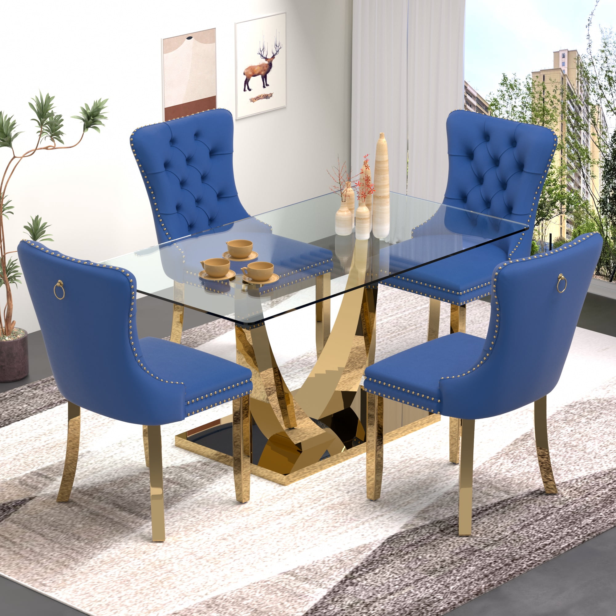 Sumdeal 63 Glass Dining Table Set for 4 Gold Dining Room Table Set for 4 Modern Kitchen Table and High end Tufted Solid Wood Contemporary Velvet Upholstered Dining Chair for 4 Blue with Gold Leg Walma...
