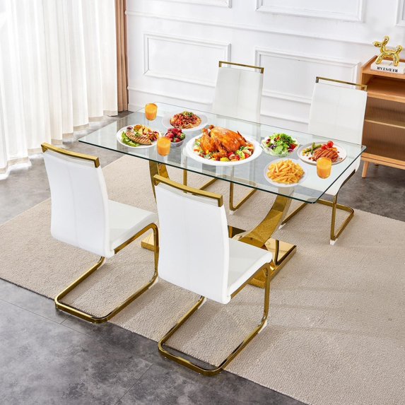 Sumdeal 63" Glass Dining Table Set for 4,Modern Dining Room Table Set for 4, Kitchen Table and PU Leather Chairs Set for 4, Dinner Table with Rectangle Tempered Glass Top and Chrome Golden Base