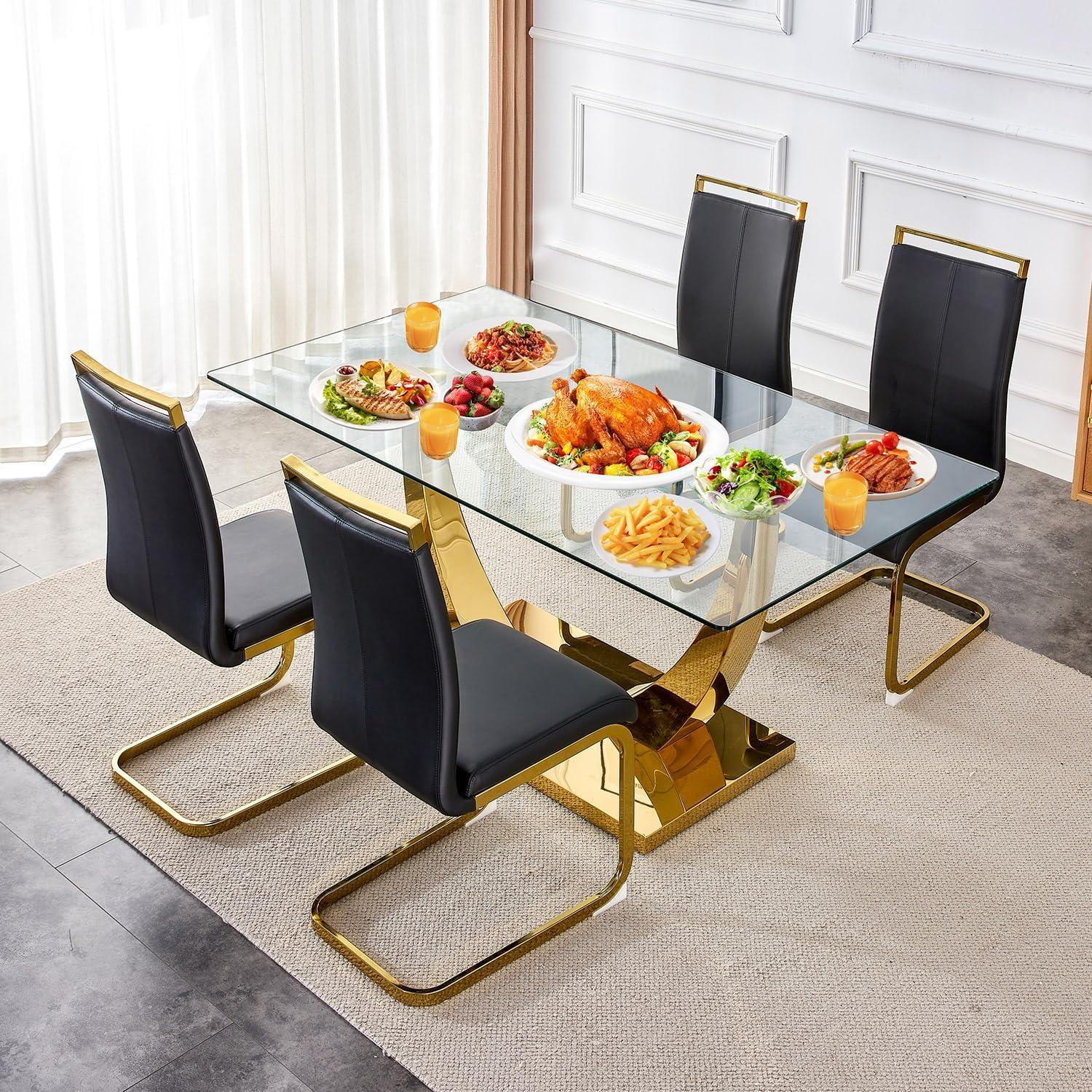 Sumdeal 63" Glass Dining Table Set for 4,Modern Dining Room Table Set for 4, Kitchen Table and PU Leather Chairs Set for 4, Dinner Table with Rectangle Tempered Glass Top and Chrome Golden Base