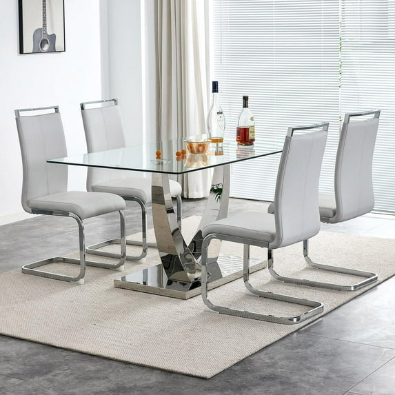 Sumdeal 63" Glass Dining Table Set for 4,Modern Dining Room Table Set for 4, Kitchen Table and PU Leather Chairs Set for 4, Dinner Table with Rectangle Tempered Glass Top and Chrome Silver Base