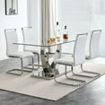 thumbnail image 1 of Sumdeal 63" Glass Dining Table Set for 4,Modern Dining Room Table Set for 4, Kitchen Table and PU Leather Chairs Set for 4, Dinner Table with Rectangle Tempered Glass Top and Chrome Silver Base, 1 of 10