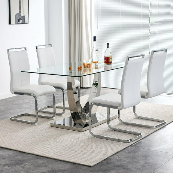 Sumdeal 63" Glass Dining Table Set for 4,Modern Dining Room Table Set for 4, Kitchen Table and PU Leather Chairs Set for 4, Dinner Table with Rectangle Tempered Glass Top and Chrome Silver Base
