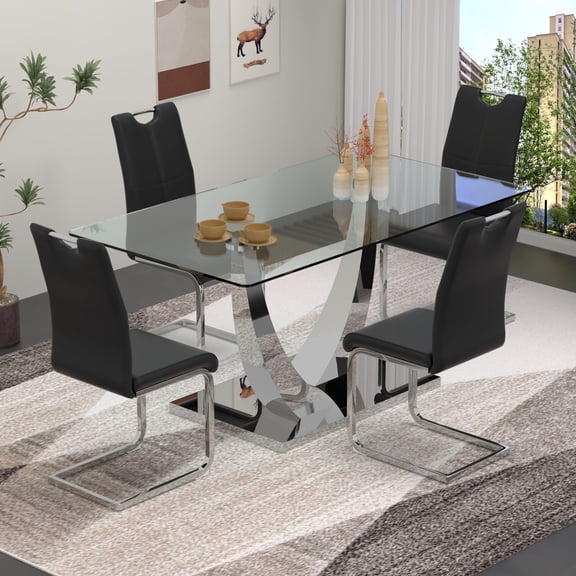 Sumdeal 5-Piece Dining Set, 63 in Glass Dining Table with 4 Black PU Chairs, Silver Legs, Style 1