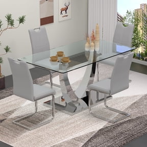 Sumdeal 5-Piece Dining Set, 63 in Glass Dining Table with 4 Gray PU Chairs, Silver Legs, Style 1