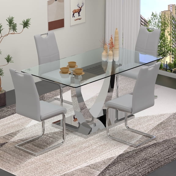 Sumdeal 5-Piece Dining Set, 63 in Glass Dining Table with 4 Gray PU Chairs, Silver Legs, Style 1