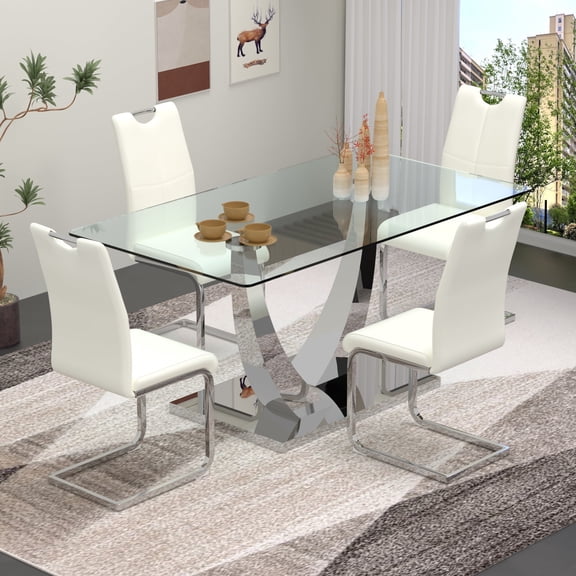 Sumdeal 5-Piece Dining Set, 63 in Glass Dining Table with 4 White PU Chairs, Silver Legs, Style 1