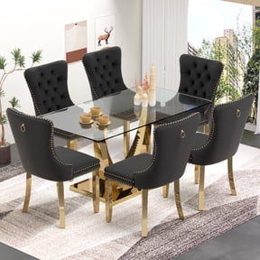 Sumdeal 7-Piece Dining Set, 63 in Glass Dining Table with 6 Black Velvet Chairs, Gold Legs