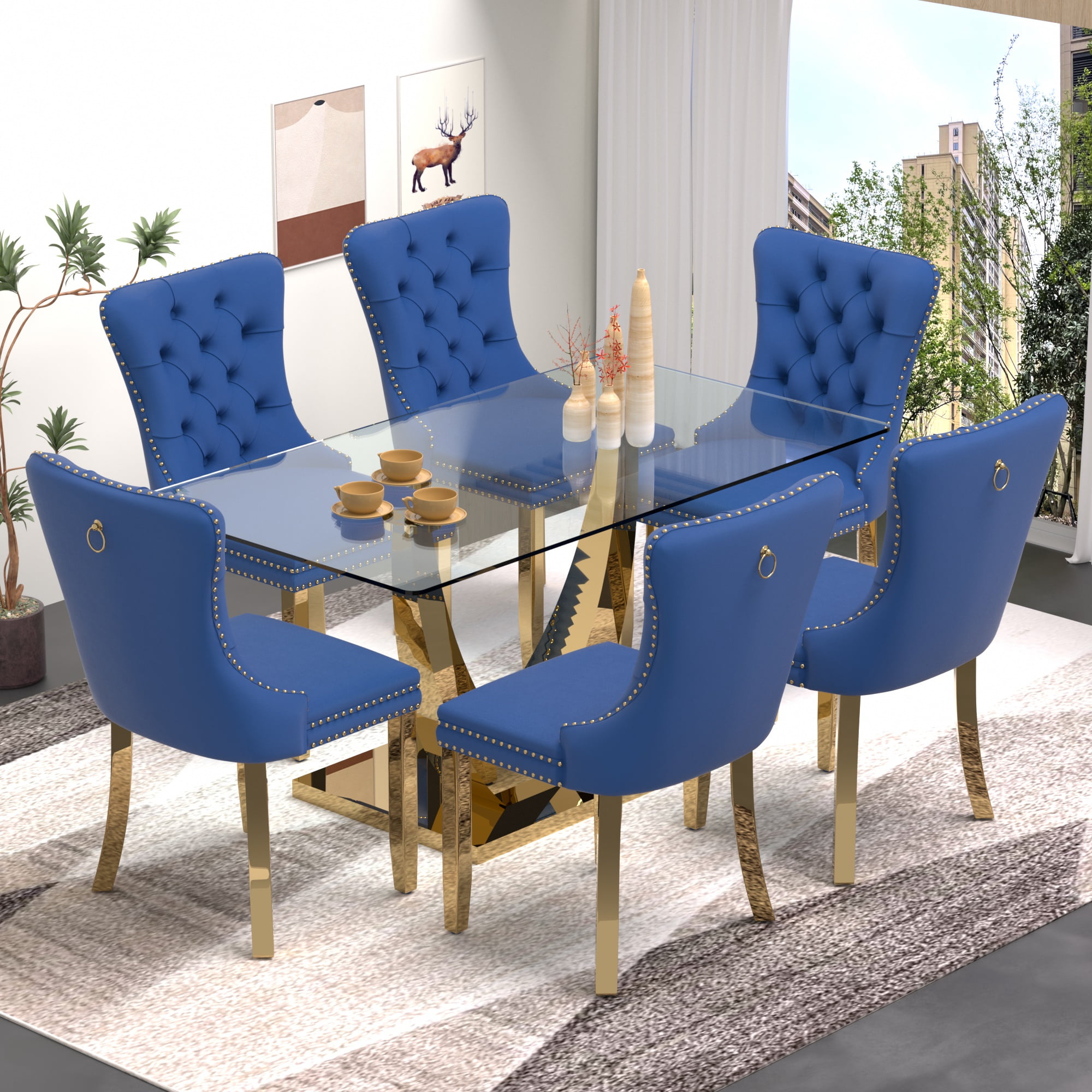 Sumdeal 63" Glass Dining Table Set for 6,Gold Dining Room Table Set for