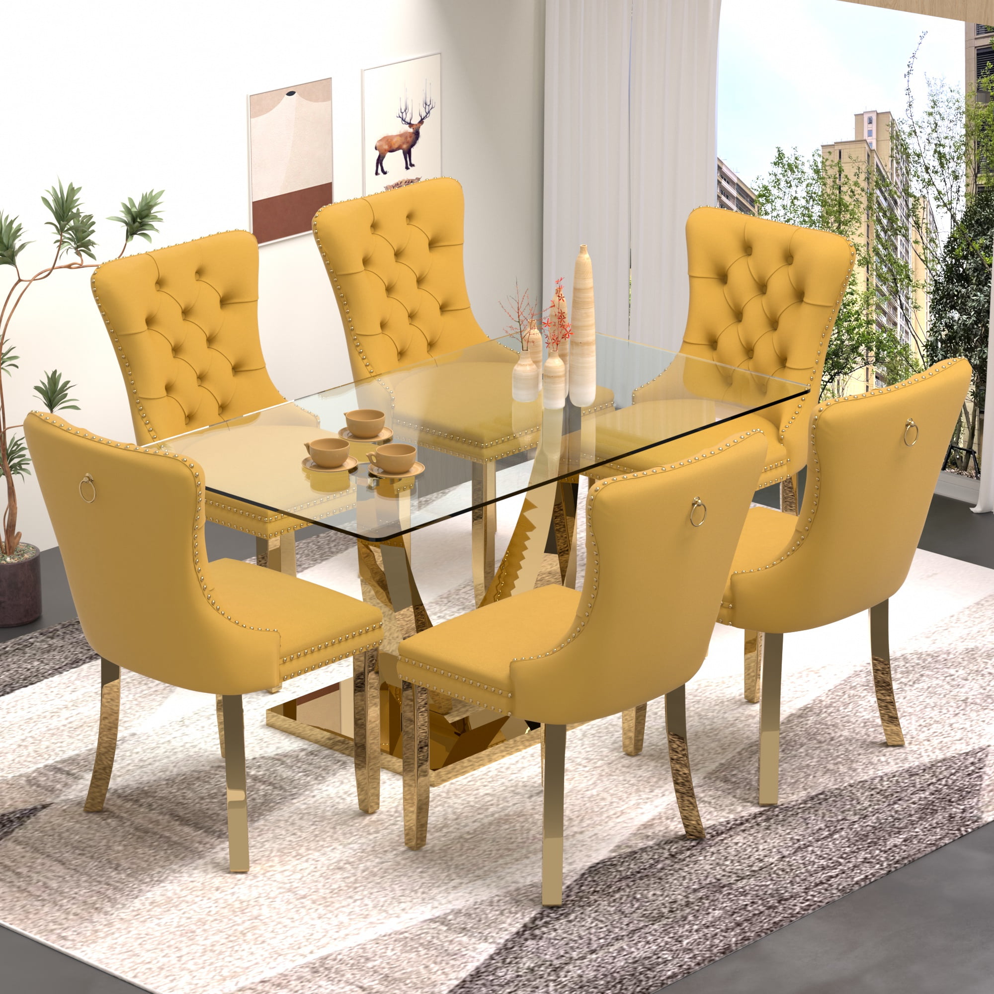 Sumdeal 63 Glass Dining Table Set for 6 Gold Dining Room Table Set for 6 Modern Kitchen Table and High end Tufted Solid Wood Contemporary Velvet Upholstered Dining Chair for 6 Yellow with Gold Leg