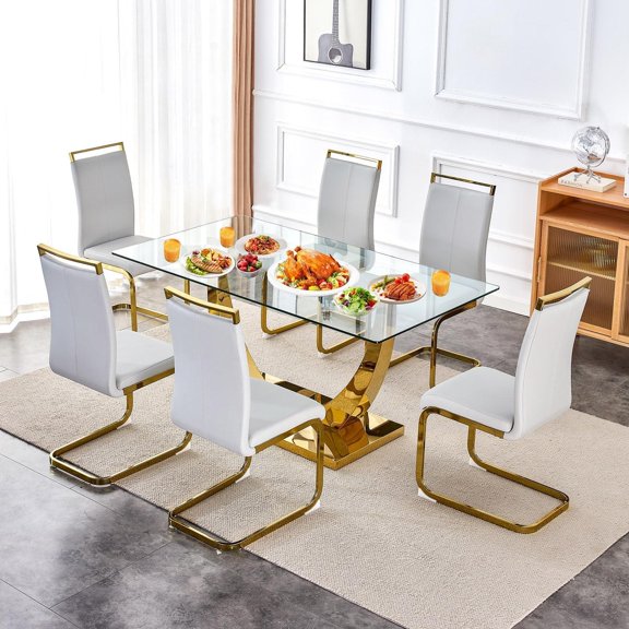 Sumdeal 63" Glass Dining Table Set for 6,Modern Dining Room Table Set for 6, Kitchen Table and PU Leather Chairs Set for 6, Dinner Table with Rectangle Tempered Glass Top and Chrome Golden Base