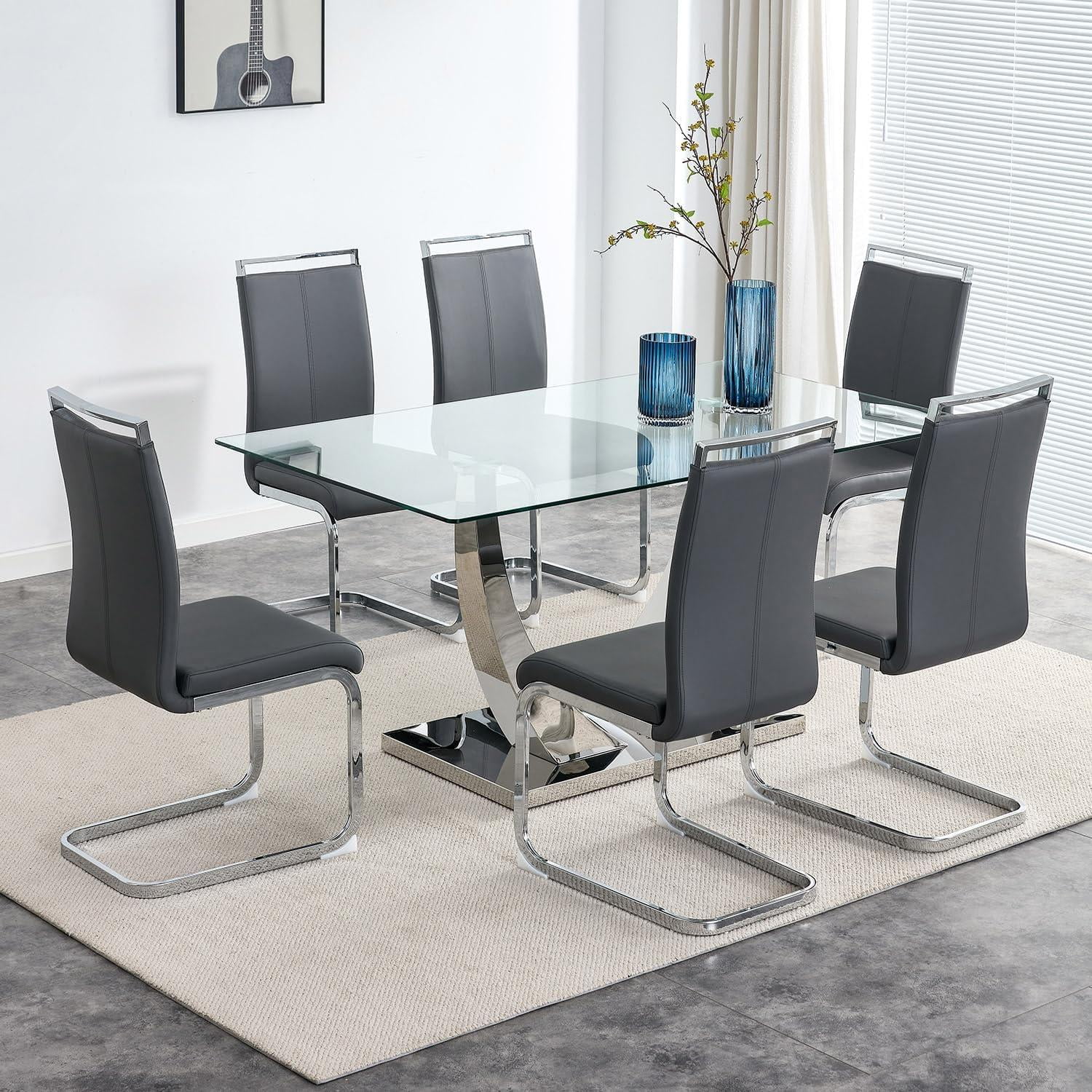 Sumdeal 63" Glass Dining Table Set for 6,Modern Dining Room Table Set ...