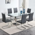 thumbnail image 1 of Sumdeal 63" Glass Dining Table Set for 6,Modern Dining Room Table Set for 6, Kitchen Table and PU Leather Chairs Set for 6, Dinner Table with Rectangle Tempered Glass Top and Chrome Silver Base, 1 of 10