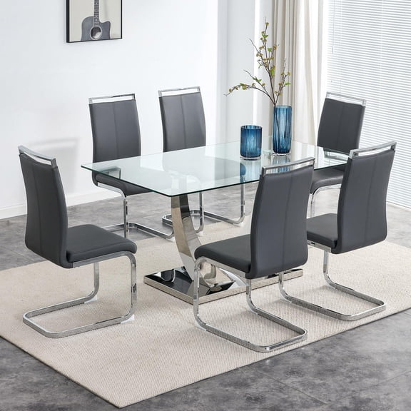 Sumdeal 63" Glass Dining Table Set for 6,Modern Dining Room Table Set for 6, Kitchen Table and PU Leather Chairs Set for 6, Dinner Table with Rectangle Tempered Glass Top and Chrome Silver Base