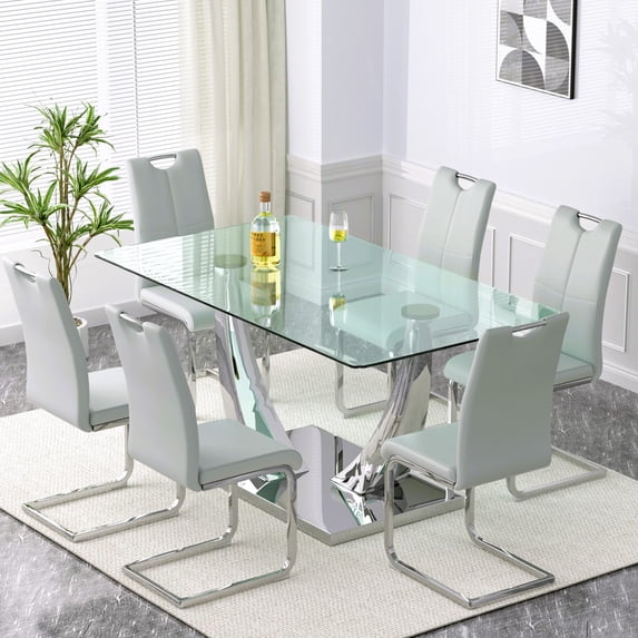 Sumdeal 63" Glass Dining Table Set for 6,Silver Dining Room Table Set for 6,Modern Kitchen Table and PU Leather Chairs for 6,Gray with Silver Leg C Shape