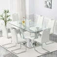 thumbnail image 1 of Sumdeal 63" Glass Dining Table Set for 6,Silver Dining Room Table Set for 6,Modern Kitchen Table and PU Leather Chairs for 6,White with Silver Leg C Shape, 1 of 8