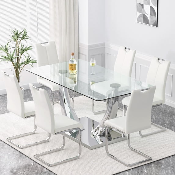 Sumdeal 63" Glass Dining Table Set for 6,Silver Dining Room Table Set for 6,Modern Kitchen Table and PU Leather Chairs for 6,White with Silver Leg C Shape